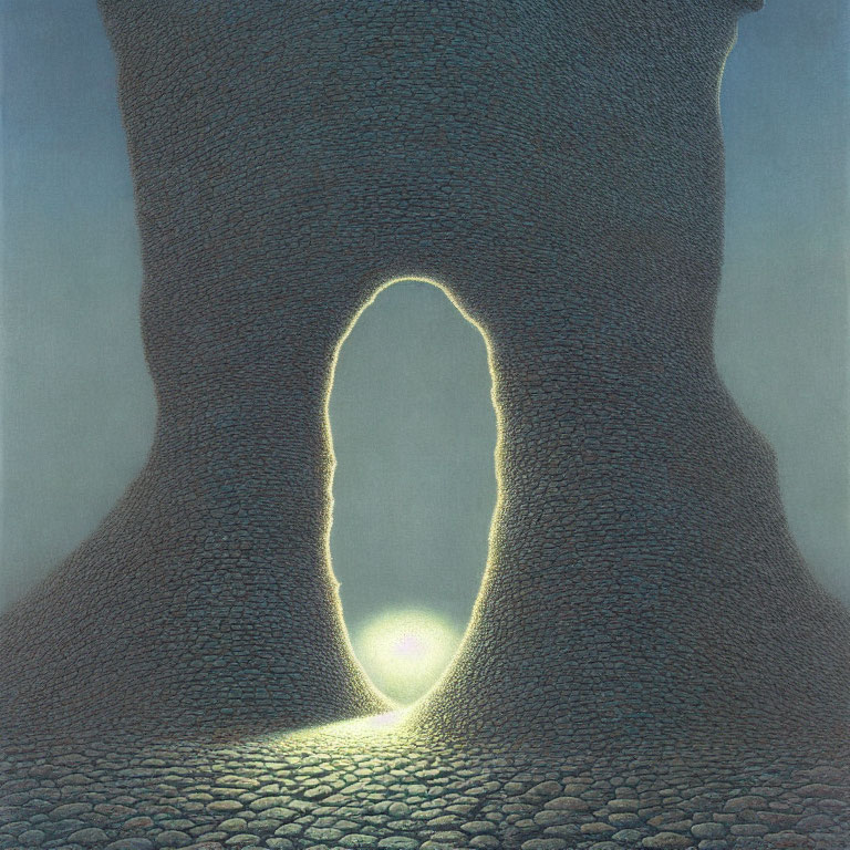 Surreal painting: Massive tree trunk with glowing portal on cobblestone surface