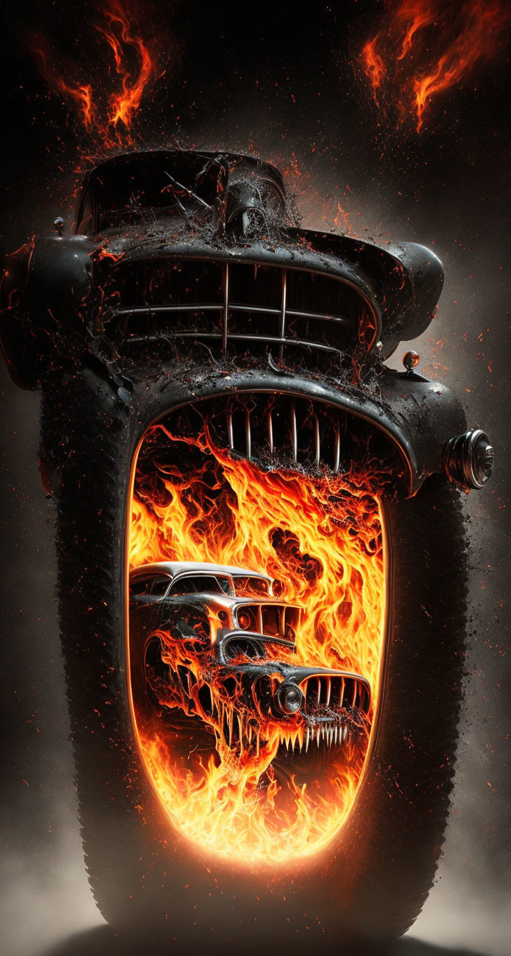 Vintage car engulfed in flames against dark background