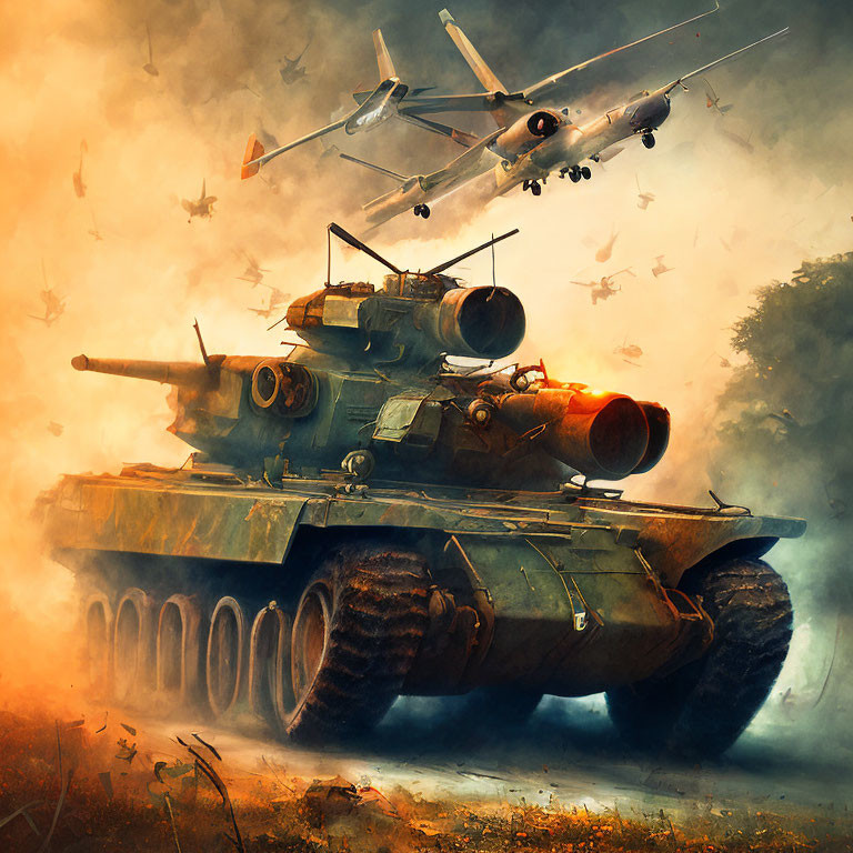 Digital artwork of battle scene with tank and fighter jets