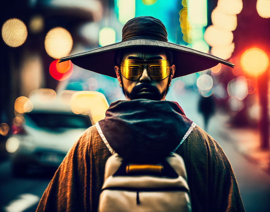 Traditional East Asian attire with wide-brimmed hat and sunglasses in city at dusk