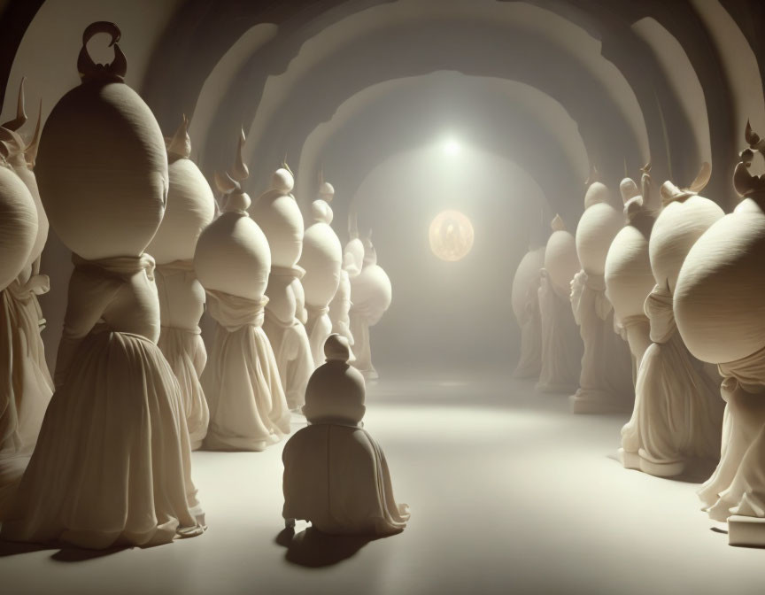 Robed figures with rounded backs walking towards glowing sphere