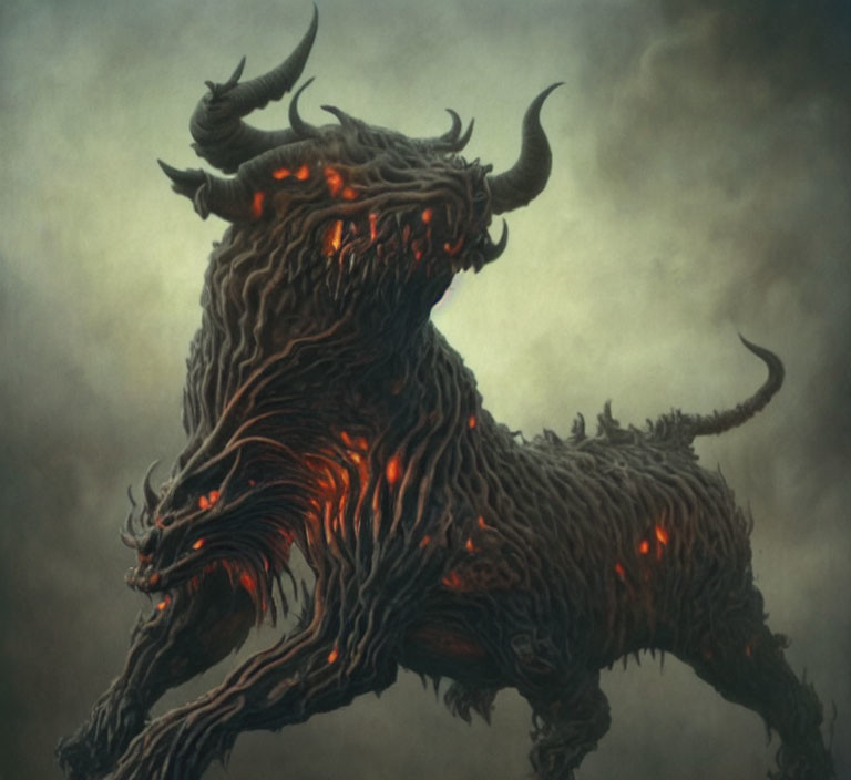 Menacing mythical beast with glowing red eyes and sharp horns