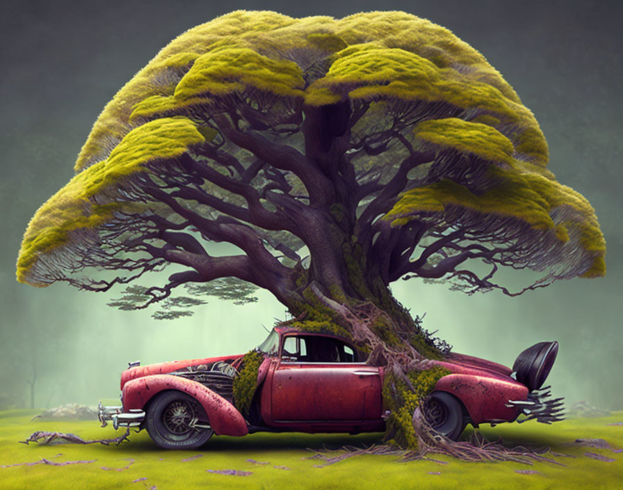 Majestic tree with green-yellow canopy overshadowing vintage red car