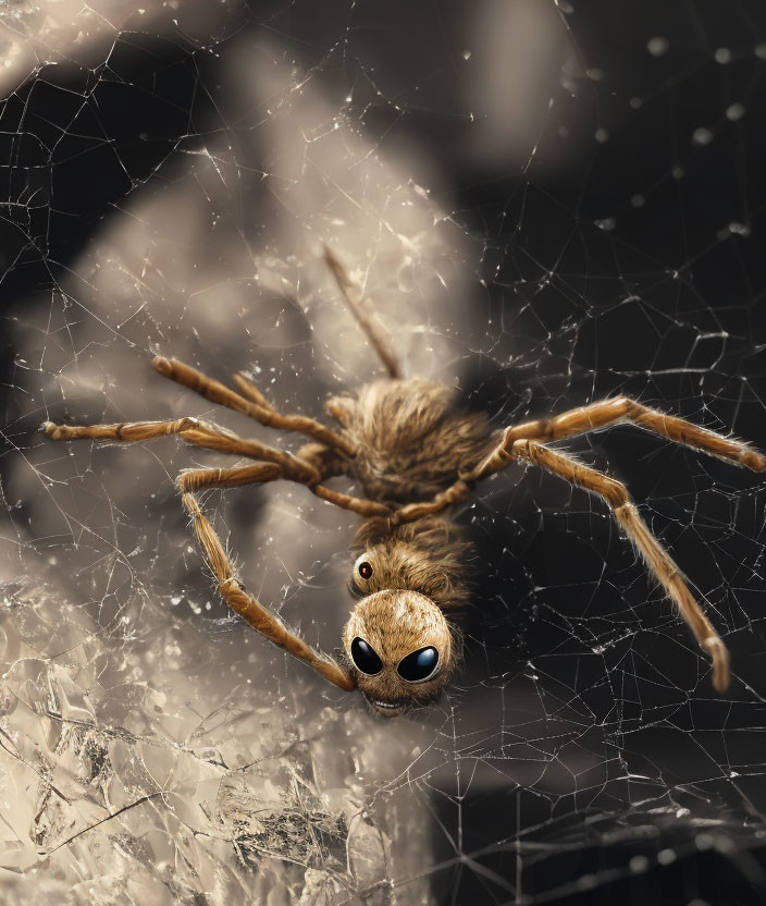 Spider with Large Cartoon Eyes on Delicate Web Structure