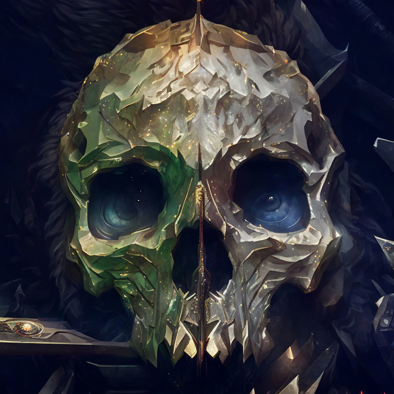 Split skull artwork with golden and gray sides, deep blue eyes, on dark background