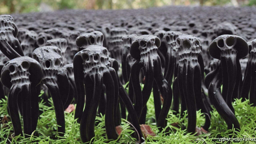 Cluster of Black Skull-Shaped Mushrooms in Green Foliage