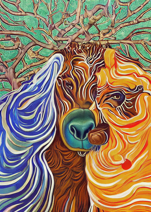 Vibrant painting: Two zebras embracing in front of swirling tree branch backdrop