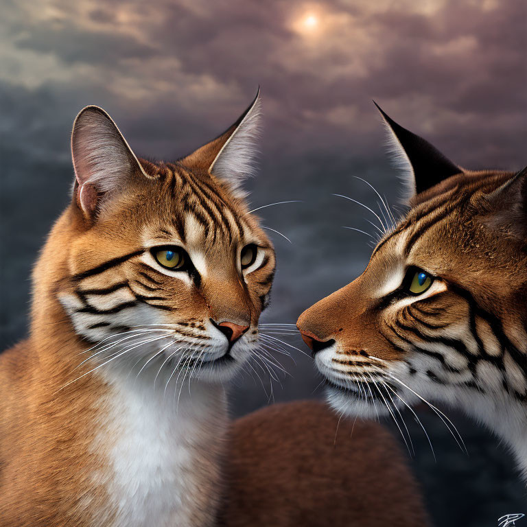 Realistic digital art: Two cats with blue and green eyes under moody sky