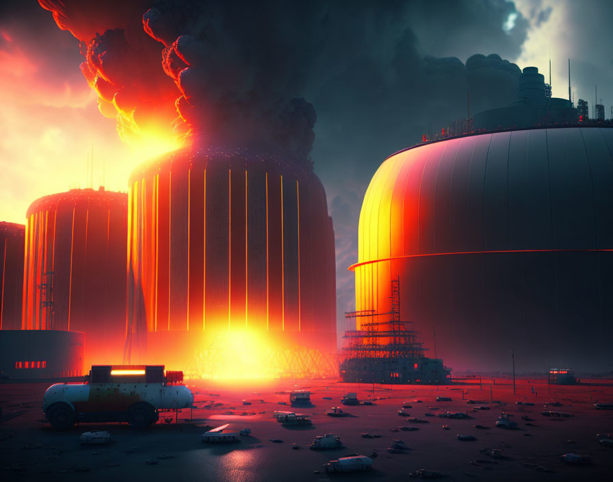 Industrial scene with exploding facility and lava-like substances under dark sky