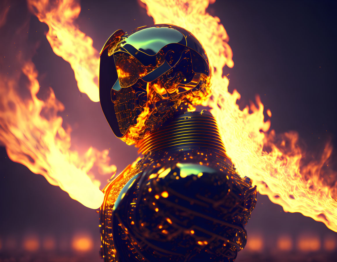 Futuristic robotic head in flames on dark background