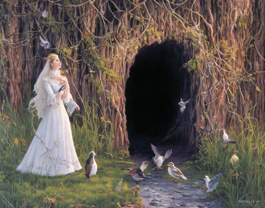 Woman in white dress near cave entrance with birds and trees