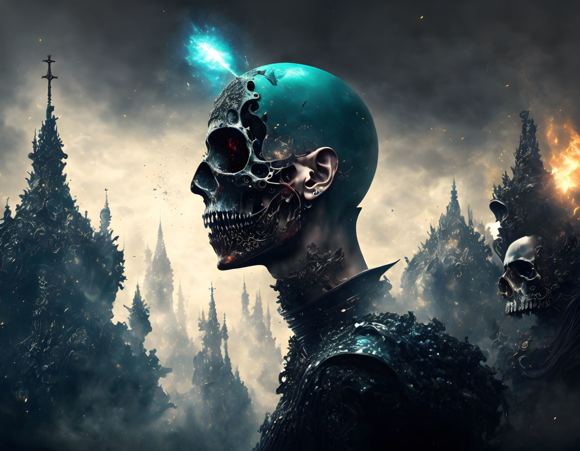 Dark fantasy art: Mechanized skull in gloomy forest with blue glow