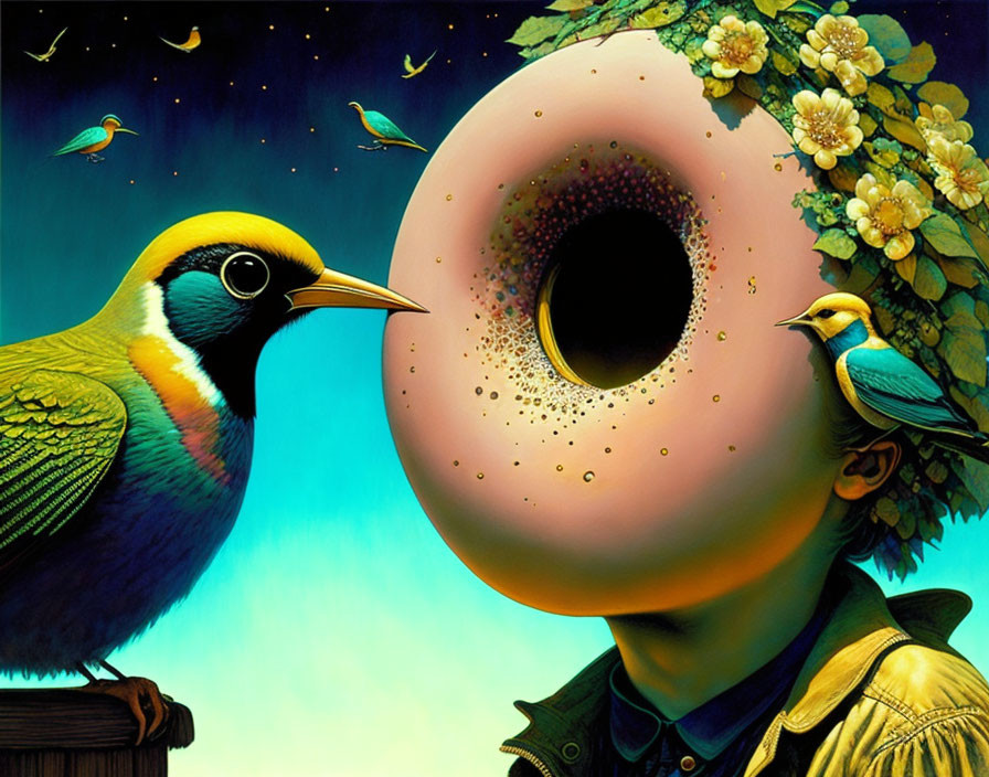 Child with doughnut-shaped void face surrounded by birds and flowers in surreal setting