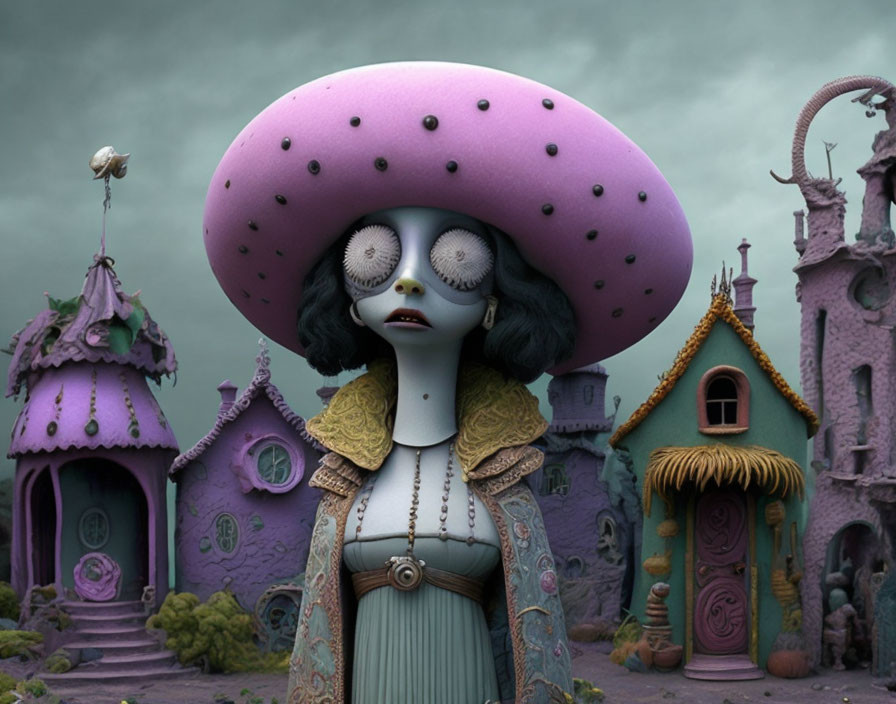 Character with Large Purple Hat in Whimsical Village