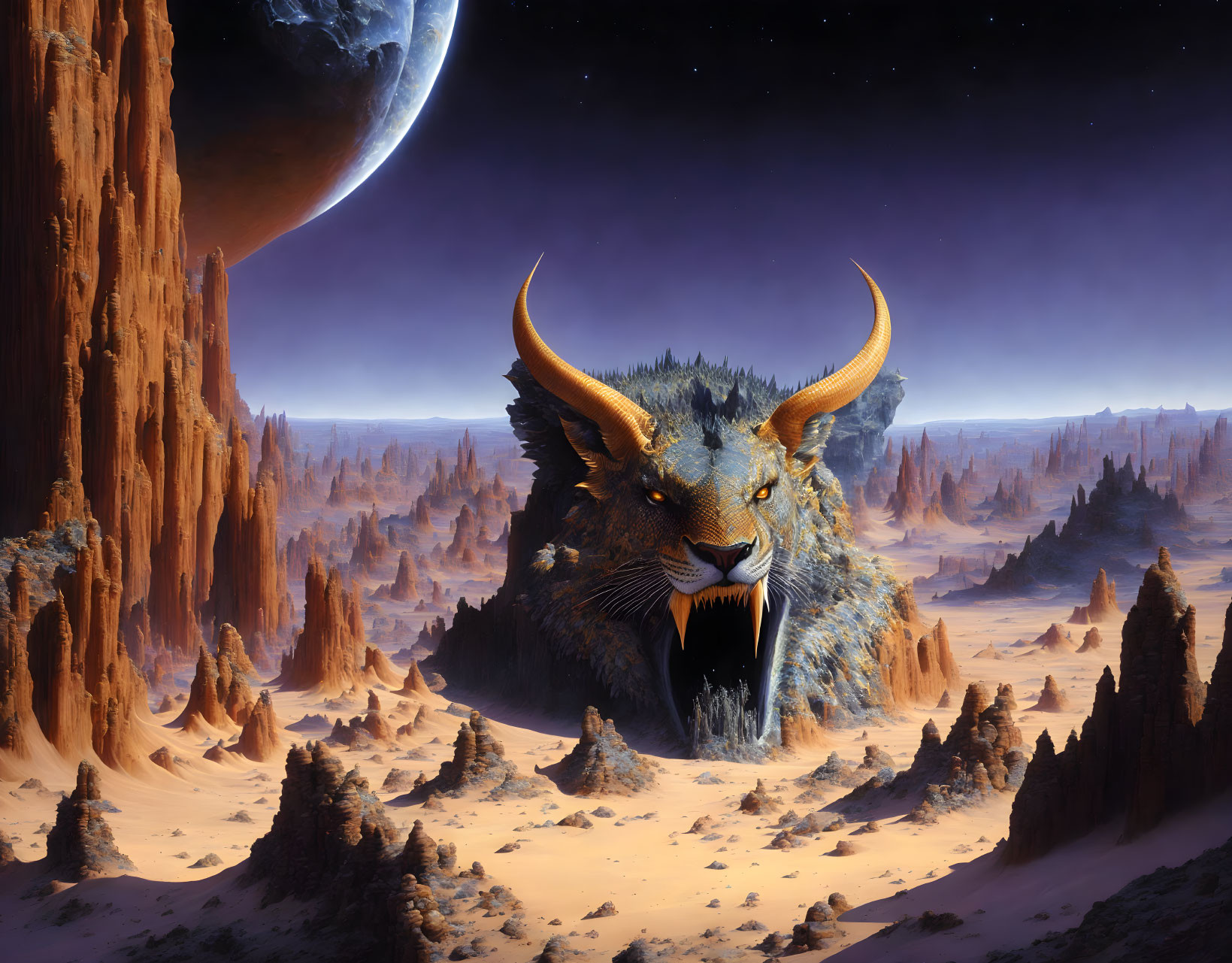 Lion with horns in desert landscape under alien sky