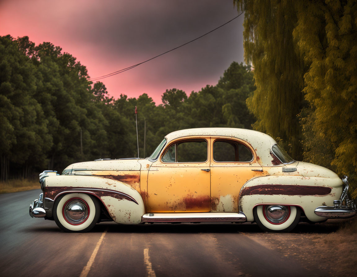 Rusty vintage white car on tree-lined road at dusk