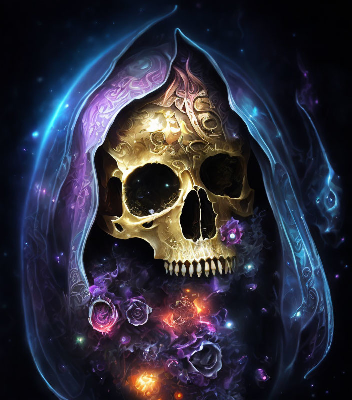 Detailed Golden Skull with Ethereal Wisps, Roses, Cosmic Background