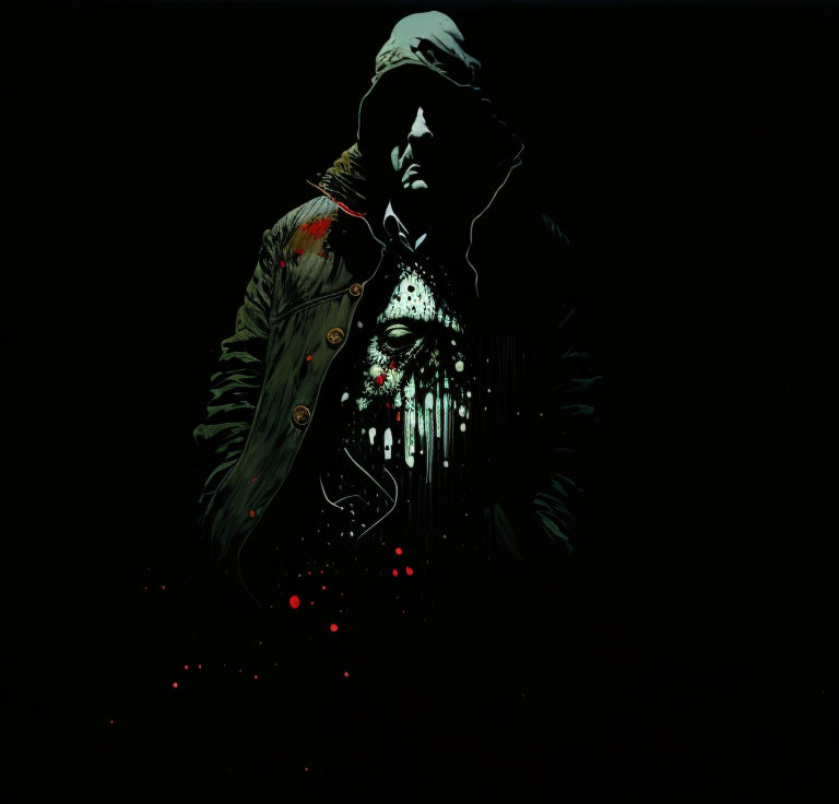 Hooded figure with disintegrating skull face in shadowy setting