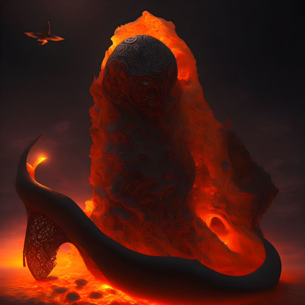 Surreal volcanic creature with intricate patterns and bird silhouette in fiery ambiance