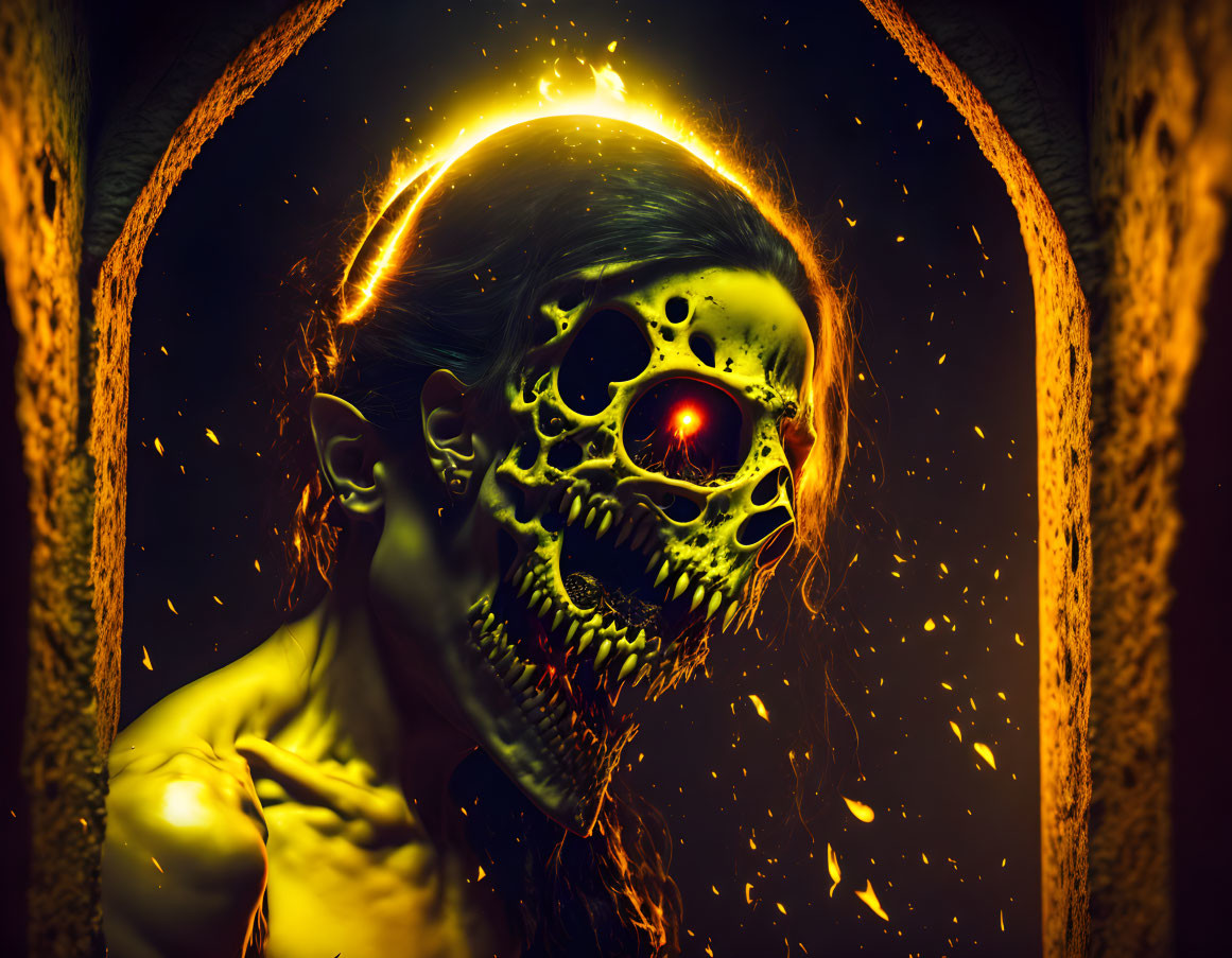 Glowing skeletal figure with fiery eye in arched doorway surrounded by embers