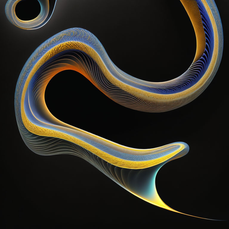 Abstract digital artwork: Curved ribbon with blue and golden-yellow textures on black