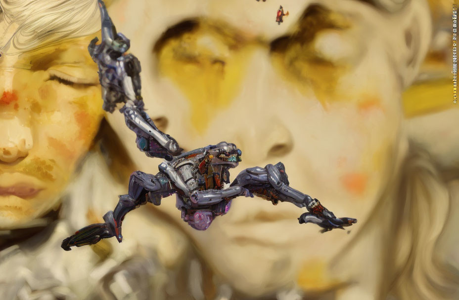 Detailed Purple Accented Robotic Figure Model Against Painted Face