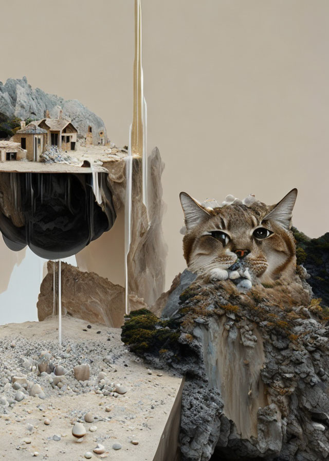 Surreal cat face blending with rocky landscapes and golden liquid