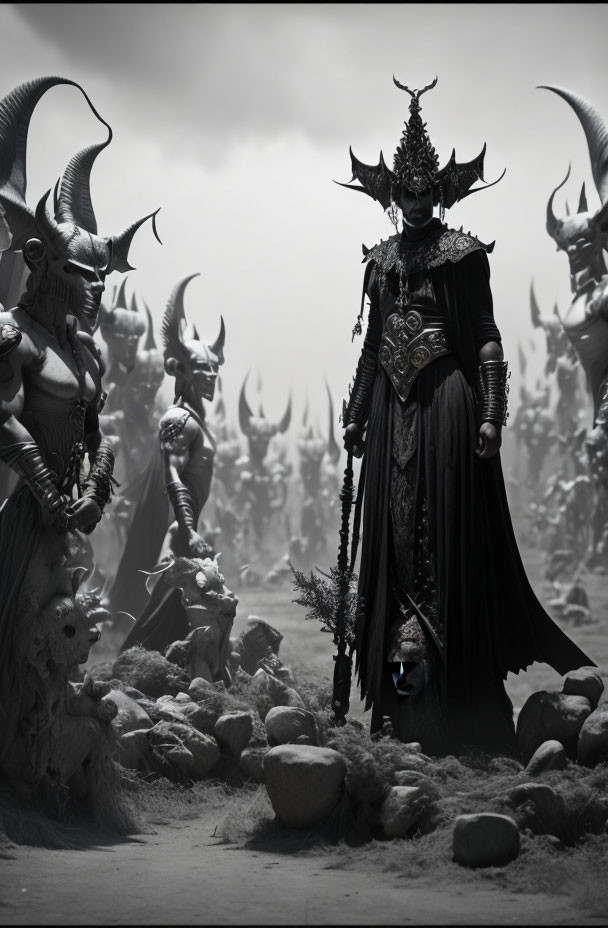 Foreboding figure in dark armor with horned creatures in rocky landscape.