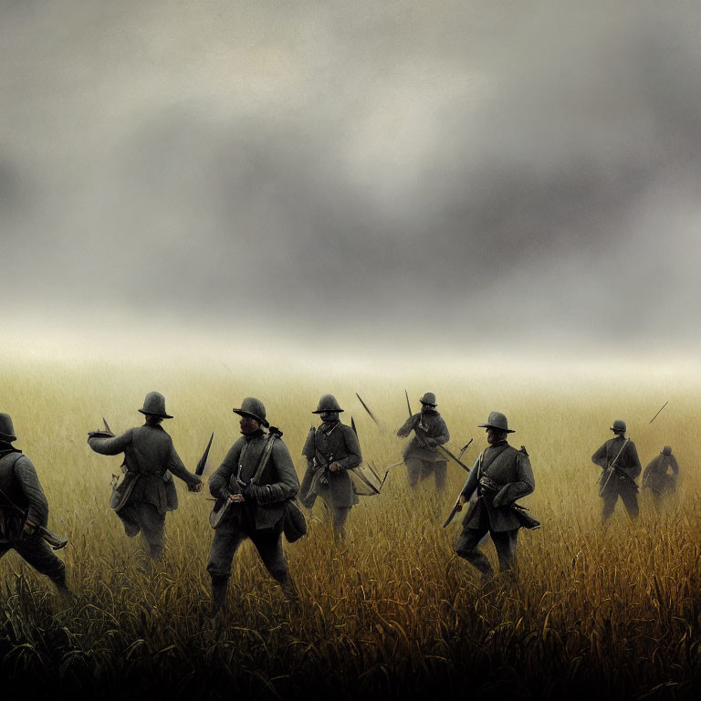 Vintage soldiers in military uniforms march through misty field with rifles ready