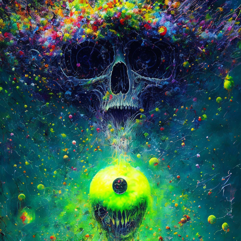 Colorful surreal artwork: skull and apple in mystical chaos