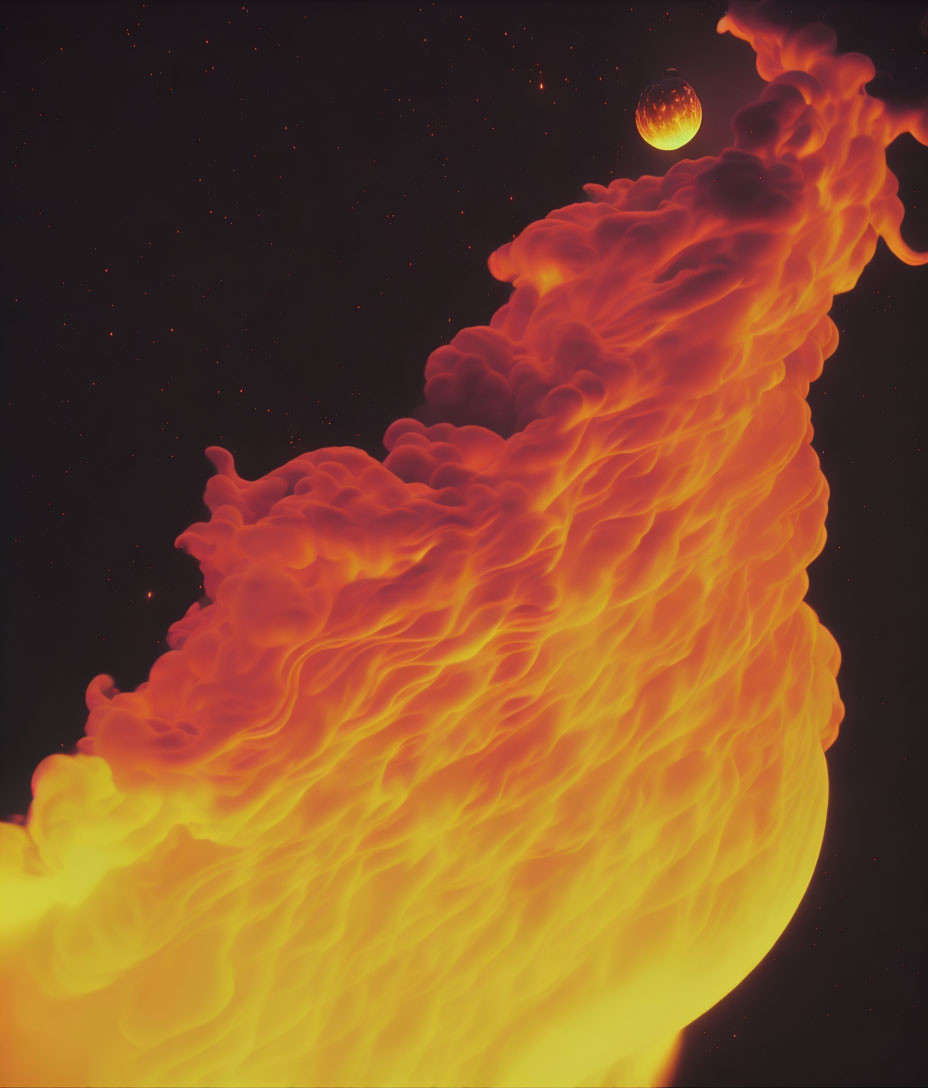 Vibrant cosmic artwork: fiery wave, dark starry backdrop, distant planet