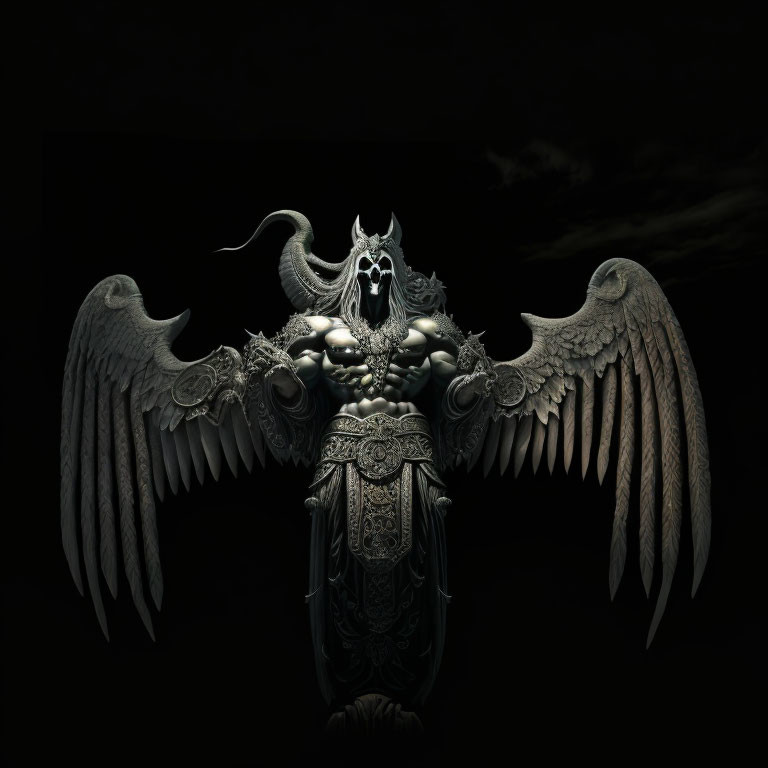 Dark digital artwork: armored figure with intricate wings and horned helmet on black background