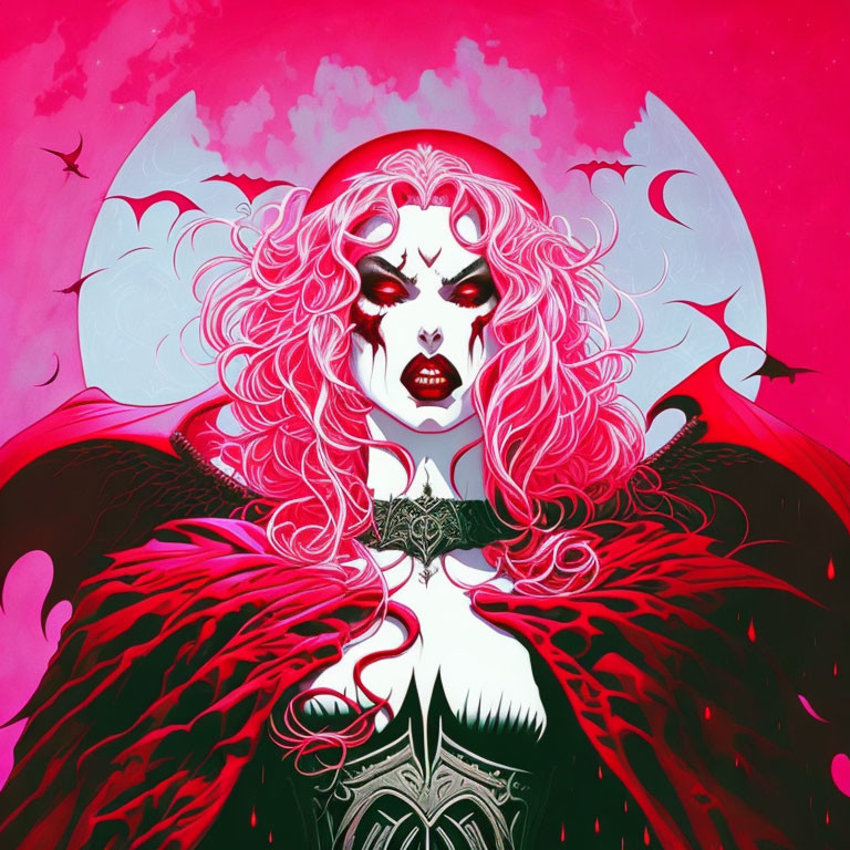 Vibrant vampire character with pink hair and bat-like wings on pink background