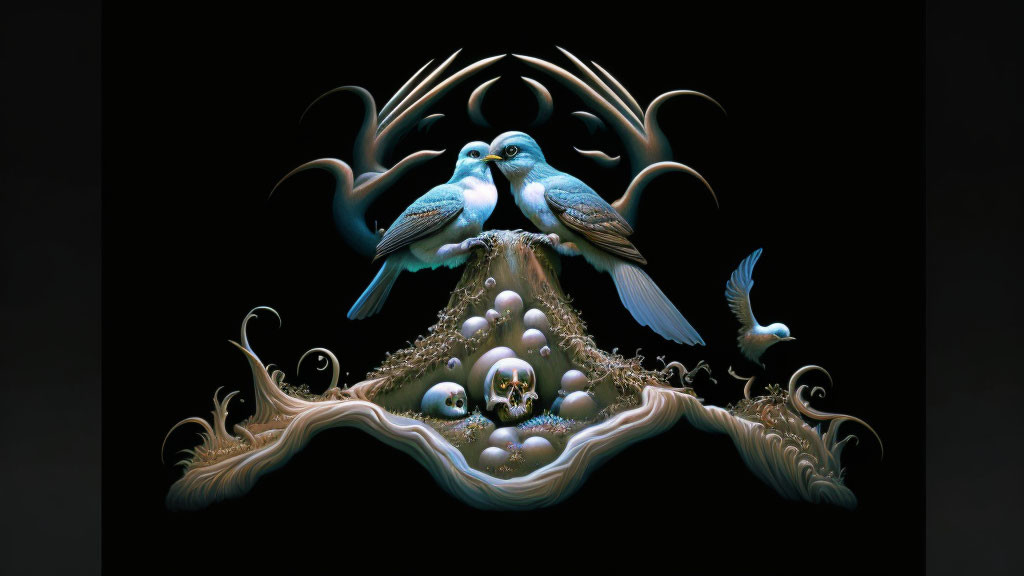 Surreal digital artwork: Two blue birds on ornate tree structure