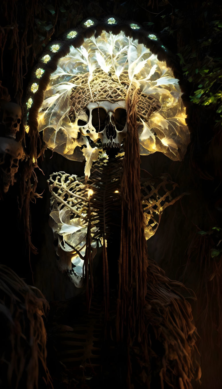 Detailed skeleton art with lace patterns, glowing orb, skulls, and dark foliage