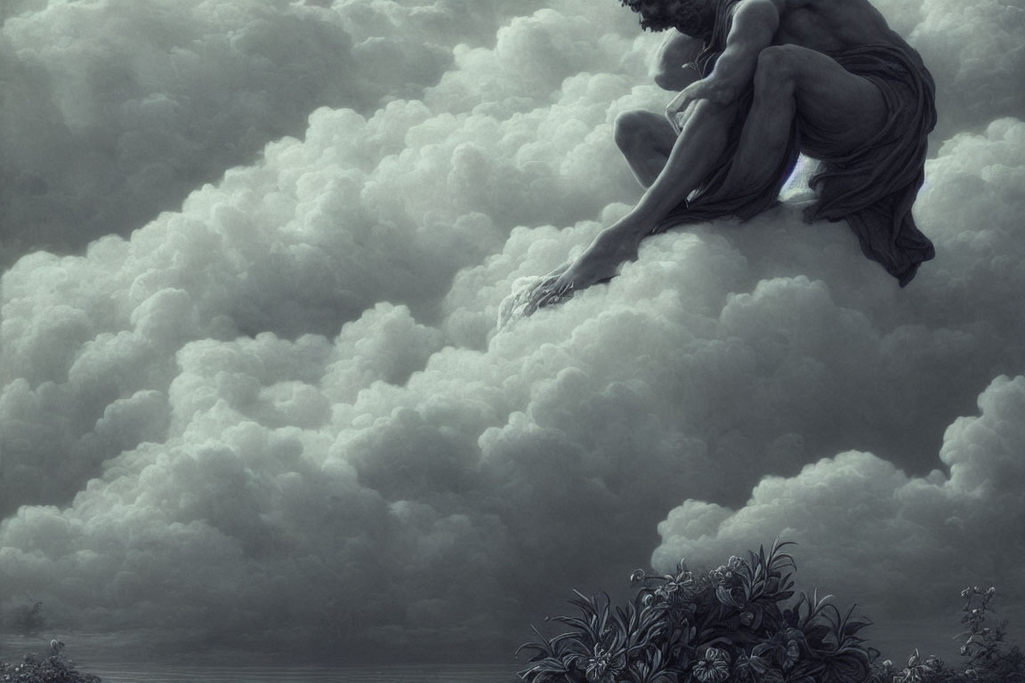 Monochromatic illustration of pensive figure on cloud with lush foliage