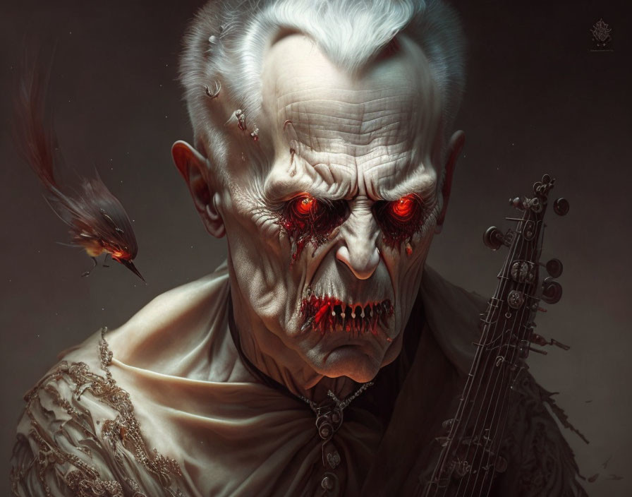 Detailed Illustration: Eerie Figure with Glowing Red Eyes, Pale Skin, Sharp Fangs,