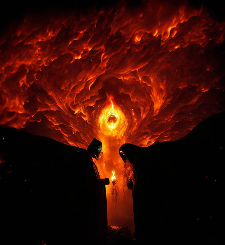 Silhouetted figures facing swirling fire vortex.