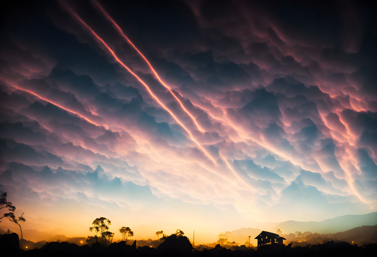 Colorful sky with light streaks through clouds, tree silhouettes, house, mountains.