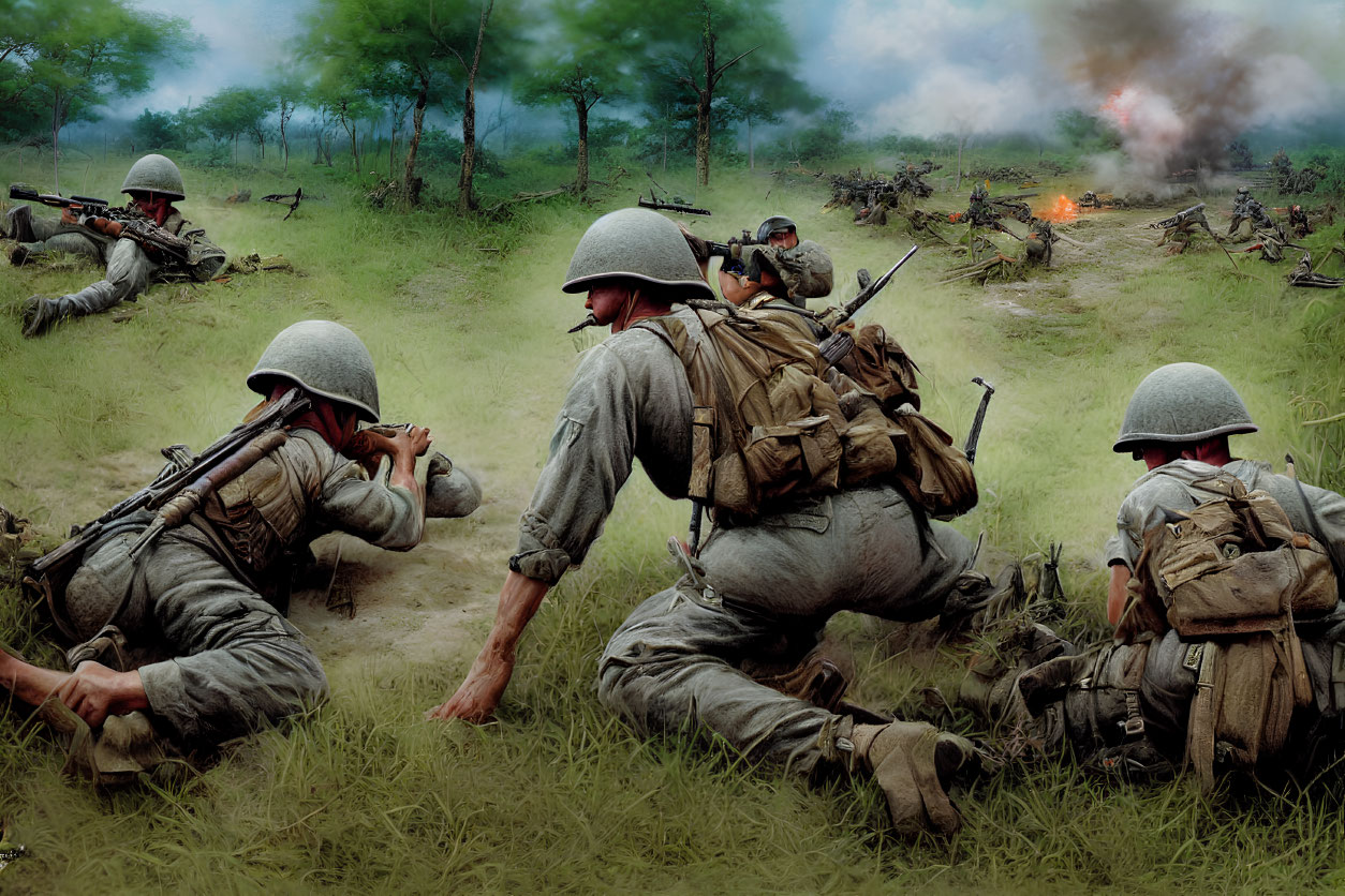 Military soldiers in helmets and combat gear advancing and lying prone in grassy field under fire.