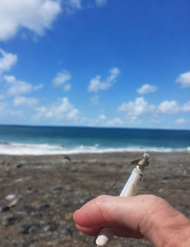 Hand holding cigarette with ash buildup against blue sky, clouds, calm sea