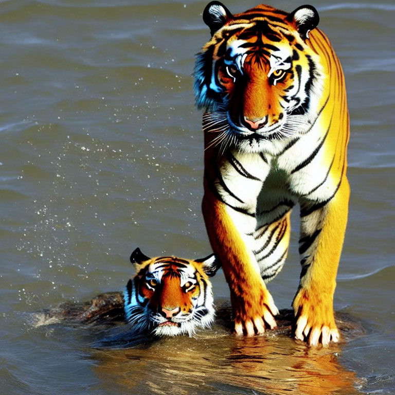 Tiger and Cub Wading Through Water in Nature