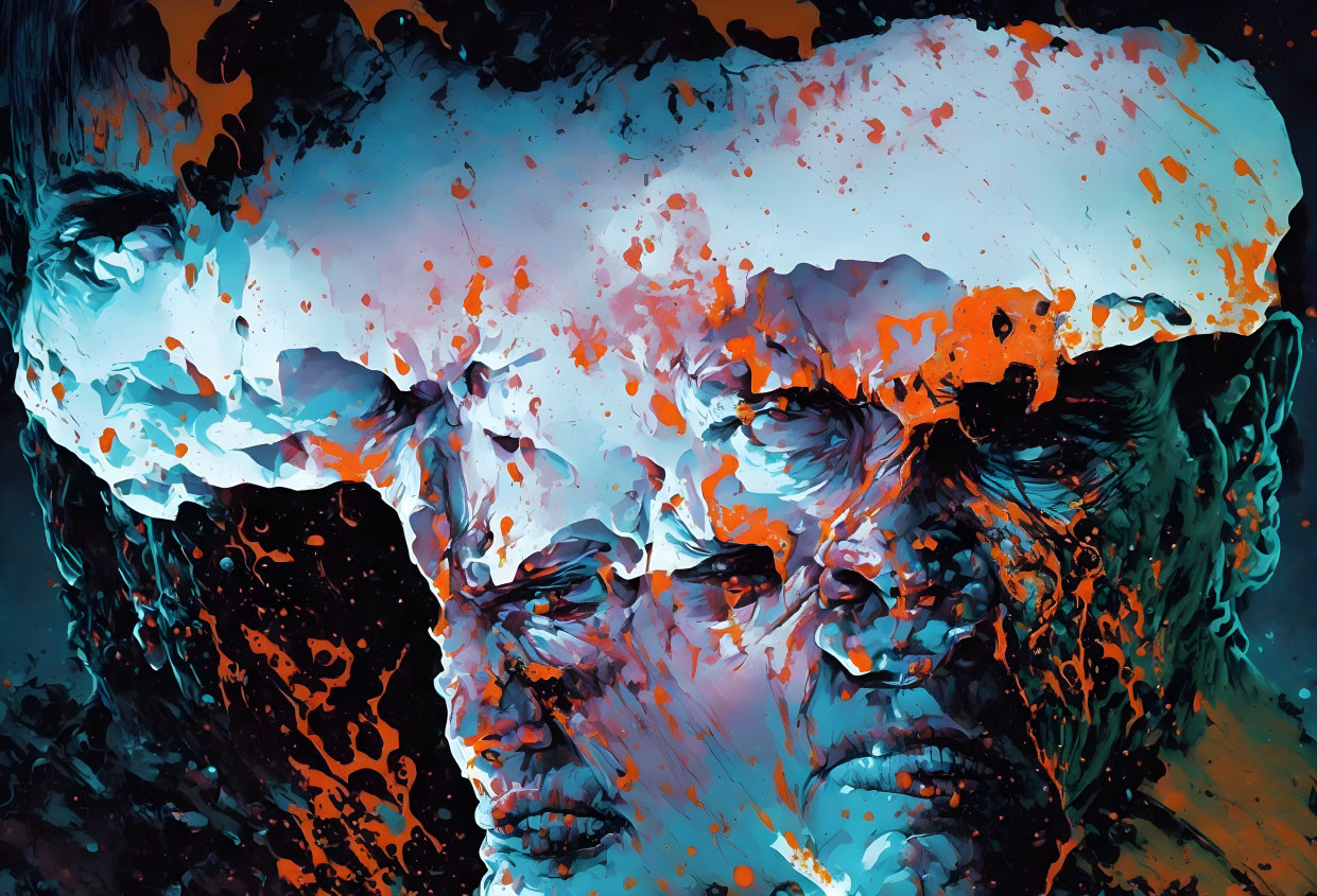 Abstract Artwork: Two Melting Faces in Profile with Orange and Blue Splashes