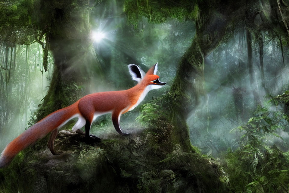 Stylized fox in enchanted forest with mist and sunlight.