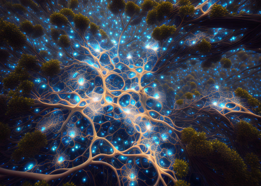 Digital Art: Glowing Neuron Network Entwined with Cosmic Trees