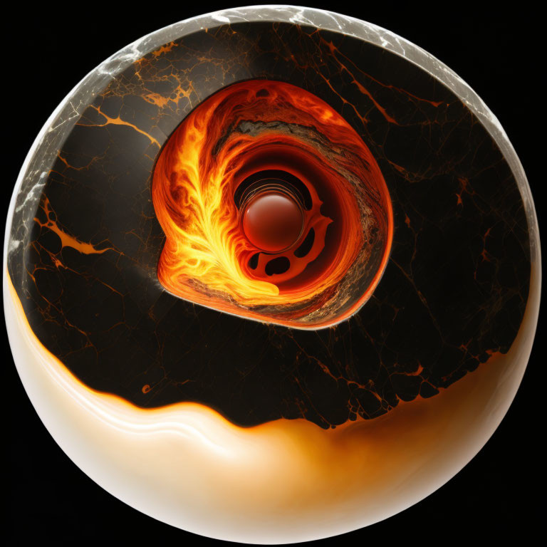 Fiery swirling vortex in sphere on black background