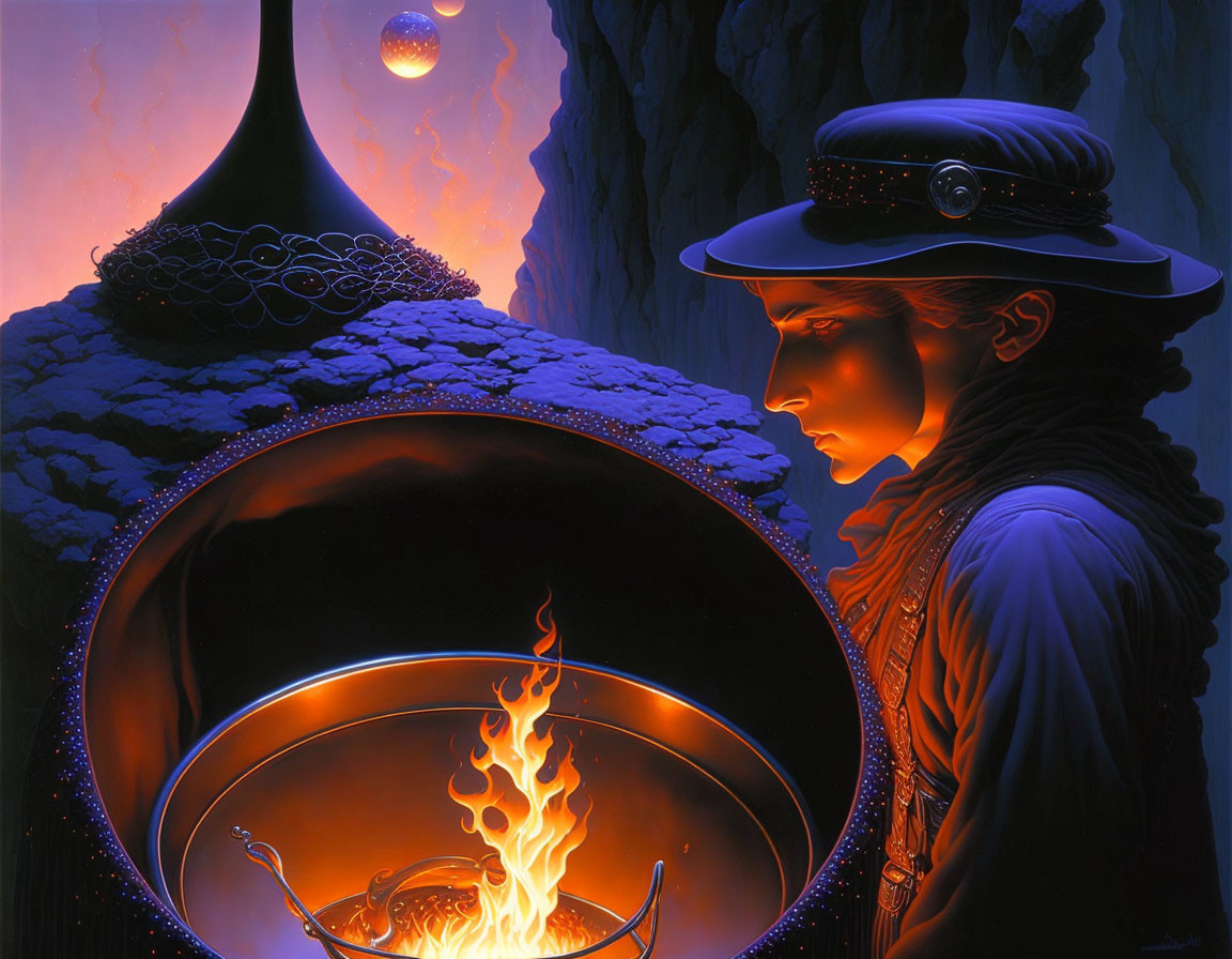 Illustration of person in uniform by flaming cauldron in dark cavern