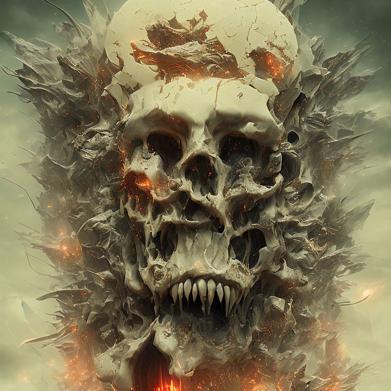 Detailed Digital Artwork: Menacing Skull with Layers and Textures Amid Fiery Embers