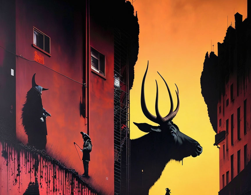 Urban mural of bird-headed figures in surreal sunset with stag silhouette.