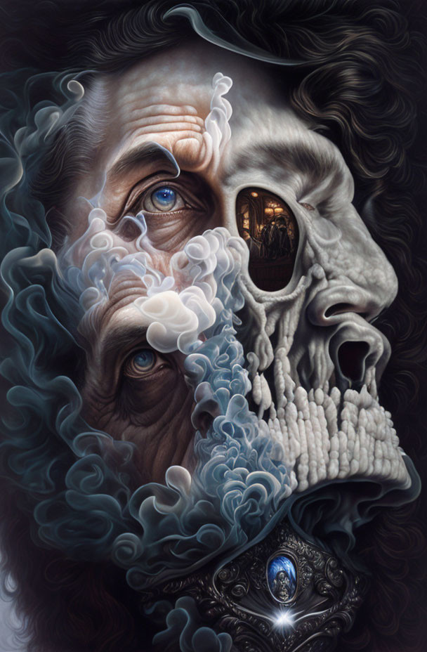 Detailed half-human, half-skull illustration with smoke and reflective elements